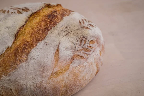 Home Made Traditional Loaf Bread Slovenia Carved Images Leaves Grain — Stock Photo, Image