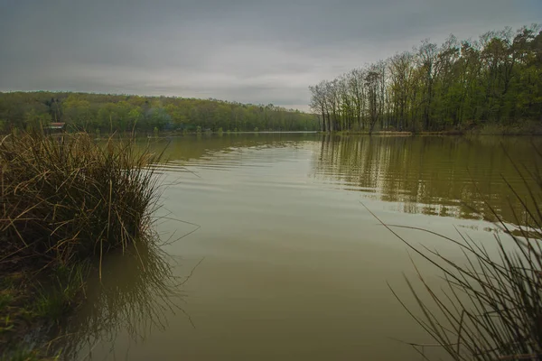 Slovenya 'nın Prekmurje kentinde bulunan Bukovnisko jezero ya da göl kıyısındaki santrallerin hava bulutlu bir ilkbahar gününde görüntülenmesini.