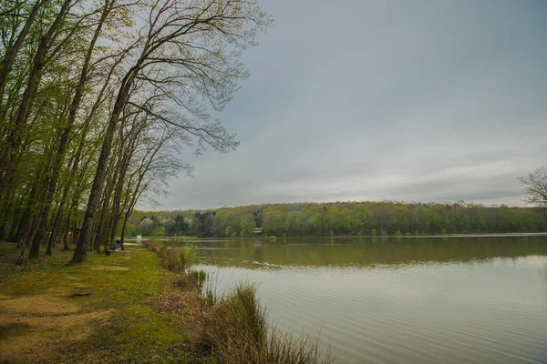 Slovenya 'nın Prekmurje kentinde bulunan Bukovnisko jezero ya da göl kıyısındaki santrallerin hava bulutlu bir ilkbahar gününde görüntülenmesini.