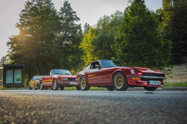 Liubliana Eslovênia 2019 Grupo Carros Antigos Incluindo Datsun 240Z Opel — Fotografia de Stock