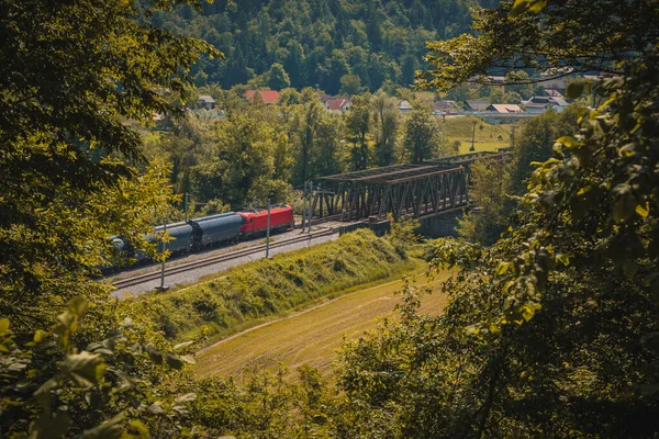Kırmızı lokomotifli Avrupa yük treni, metal bir köprüye doğru giden iki raylı bir demiryolu hattında ilerliyor. Yapraklardaki bir delikten romantik bir manzara.