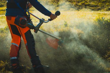 Ot keserken, yerden yükselen sis ile güçlü bir şekilde pişirilmiş, çim biçme makinesi kullanan bir kişi.
