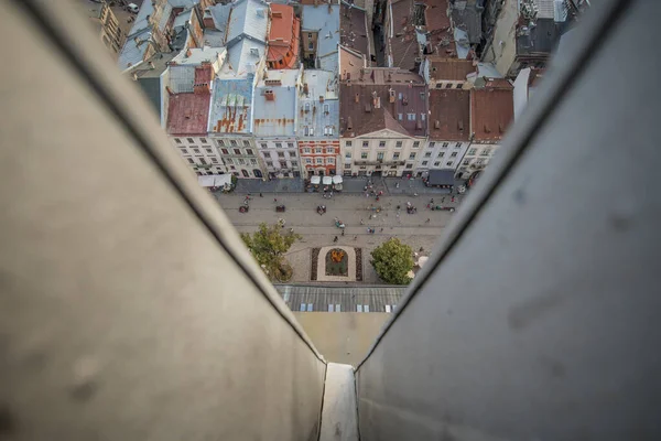 Vue Oiseau Haut Tour Hôtel Ville Lviv Ukraine Regardant Vers — Photo