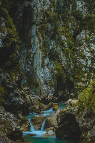 Egy Gyönyörű Zöld Keskeny Szurdok Türkiz Folyóval Tolminban Szlovéniában Hosszú — Stock Fotó