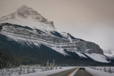 Kanada dağları boyunca yolculuk. Kış mevsiminde Jasper 'dan Louise Gölü' ne giden yolun tadını çıkarıyorum..