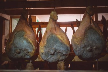 Drying pork legs or prosciutto, preparing legs with salt and leaving them in a dark room to age. clipart