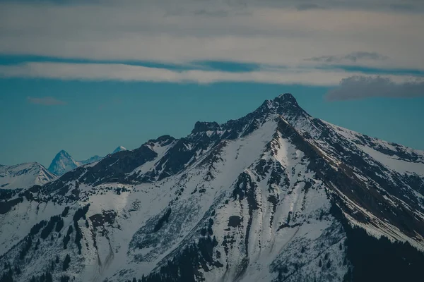 Piękna Górska Panorama Leysin Pochmurny Zimowy Dzień Patrząc Góry Les — Zdjęcie stockowe