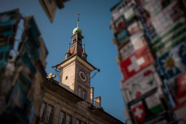 Деталь Часовой Башни Лозанны Начале Дня Просматривает Старинные Открытки Швейцарии — стоковое фото