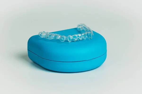 Blue Carrying Case Orthodontic Retainer Made Transparent Plastic Isolated White — Stock Photo, Image