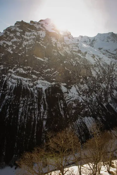 Vale Lauterbrunnen Visto Aldeia Murren Suíça Dia Ensolarado Inverno Panorama — Fotografia de Stock