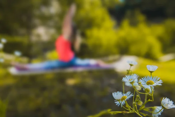 Image of woman practicing yoga in the blurred background with a white yellow flower in focus in foreground. Copy space around yoga training.