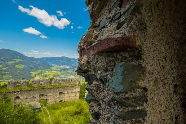 Detgail of Steinschloss castle ruins wall, rising above the mura valley in styria, Austria. Medieval ruins in Austria on a sunny day.