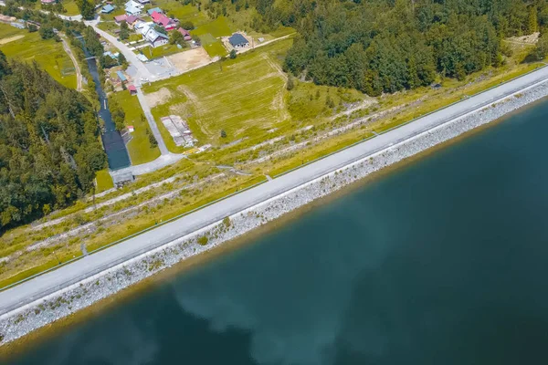 Aerial drone panorama of water dam or Vodna Nadrz in Nova Bistryca, Slovakia. Big water dam and reservoir for the safety of the people and energy generation.