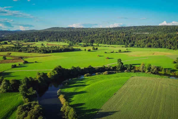 夏末在Planinsko Polje油田的Unica或Unec河的空中景观 从上面看到的绿地和森林 — 图库照片