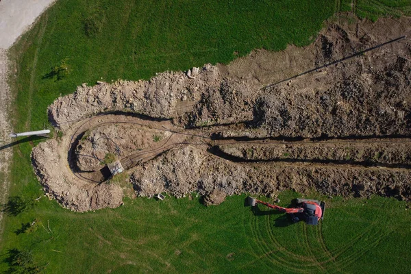 Vista Aérea Drone Fossa Coletor Aquecimento Geotérmico Trincheira Chão Escavação — Fotografia de Stock