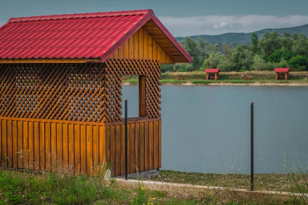 Small Fishermen Cabin Lake Catching Fish Visible Also Other Cottages — Stock Photo, Image