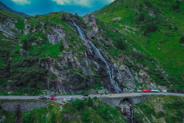 Vista Panorâmica Drone Aéreo Cachoeira Capra Cascada Rodovia Transfagarasan Com — Fotografia de Stock