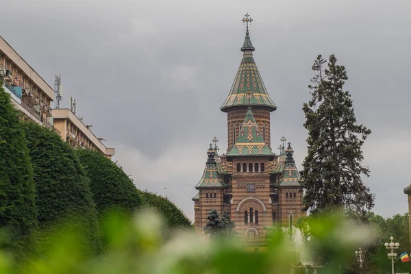 Cattedrale Ortodossa Timisoara Vista Parco Una Piazza Una Giornata Opaca — Foto Stock