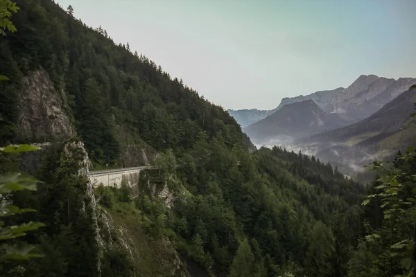Panorama Mountain Road Rising Valley Austria Early Morning — Stock Photo, Image