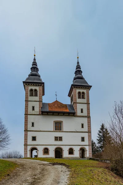 Koude Late Herfst Panorama Van Saint Volbenk Kerk Poljanska Vallei — Stockfoto
