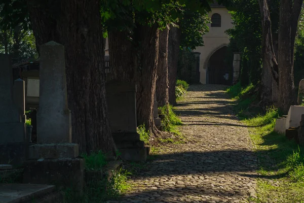 Cobblestone Road Leading Top Cimitirul Bisericii Din Deal Sighisoara Romania — Stock Photo, Image