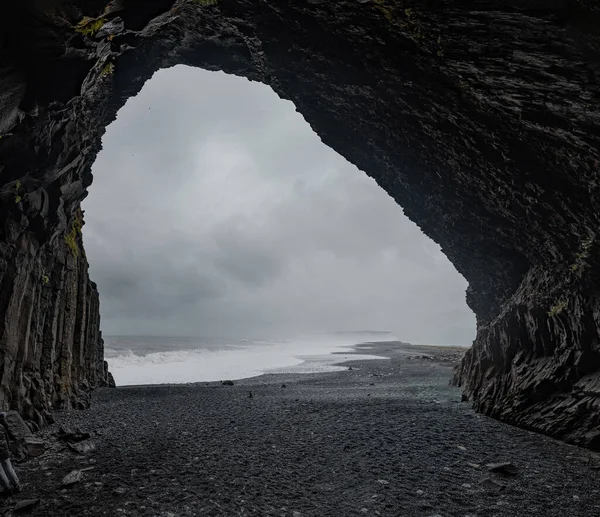 Panoramic View Reynisfjara Beach Cave Iceland Big Basalt Pillars Rocky — Stock Photo, Image