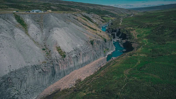 Légi Drón Panoráma Studlagil Kanyon Izlandon Festői Völgy Bazalt Oszlopok — Stock Fotó