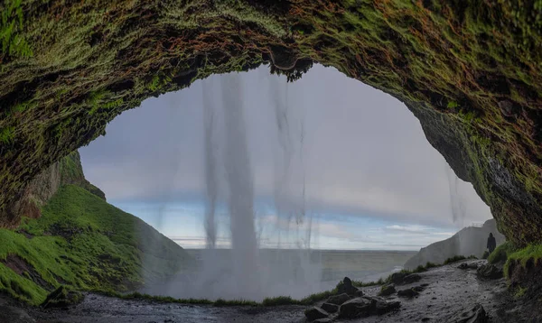 Piękny Widok Seljalandsfoss Islandii Letni Poranek Widok Zasłoną Wodną Wodospadu — Zdjęcie stockowe