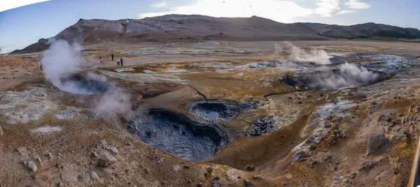 Hverir Geotermiska Lerkällor Island Nära Sjön Myvatn Flygfoto Över Svavelångor — Stockfoto