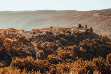 Güneşli bir günde tepedeki ortaçağ köyü olan Sloven Istria 'nın orta kesimindeki Kostabona köyüne..