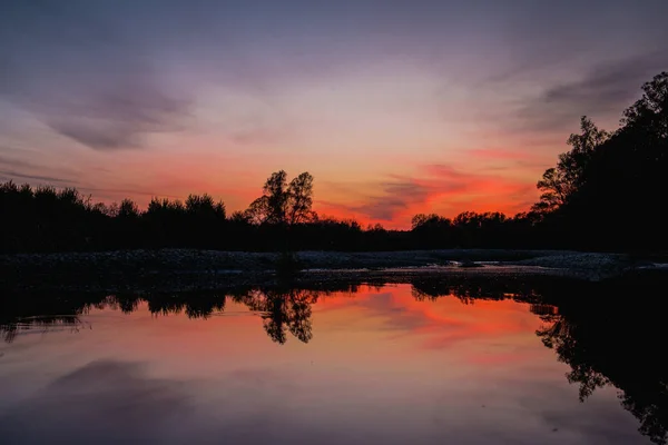 Beautiful Colorful Romantic Sunset Mura River Eastern Slovenia Nice Summer — Stock Photo, Image