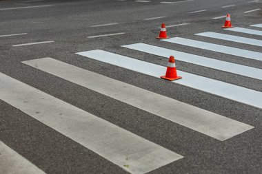 Close-up of a pedestrian crossing on an asphalt road. Fresh white zebra stripes contrast with older, faded markings. Three orange traffic cones are placed atop the new paint to protect it while drying.