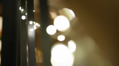 İnce gümüş bir tel üzerinde, koyu dikey sütunlara sarılı narin, ılık, beyaz peri ışıkları parıldıyor. Sığ alan derinliği tatil dekoru için rüya gibi, bokeh dolu bir atmosfer yaratıyor..