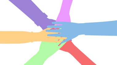 Kadın ve erkeklerin birleşmiş ellerinin siluetleri. İşbirliği, birlik, dostluk ve karşılıklı yardım kavramı. Vektör çizimi. Düz biçim