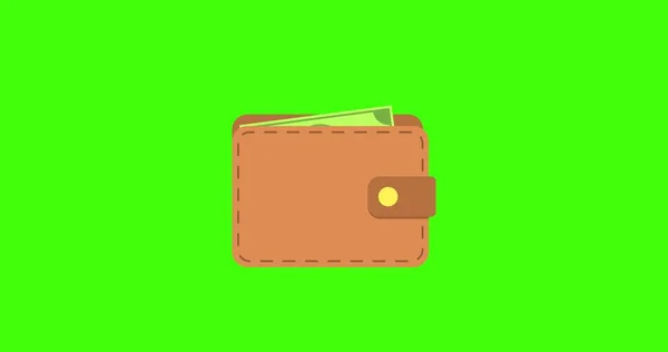 钱的动画掉进了钱包里 积累金钱或经济利益的概念 平淡的风格 绿色屏幕 — 图库照片