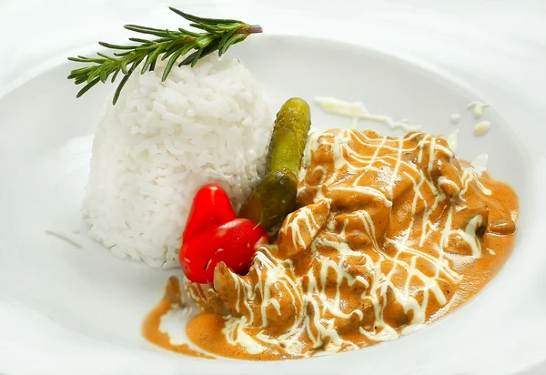 Beef Stroganoff with rice. white background. — Stock Image Beef Stroganoff with rice. white background. Stock Image