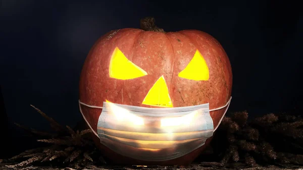 Halloween carved pumpkin glowing with protective medical face mask, coronavirus and quarantine concept, covid-19 halloween costume. eyes change brightness. head turns clockwise