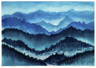 Dağlarda sis suluboya çizimi