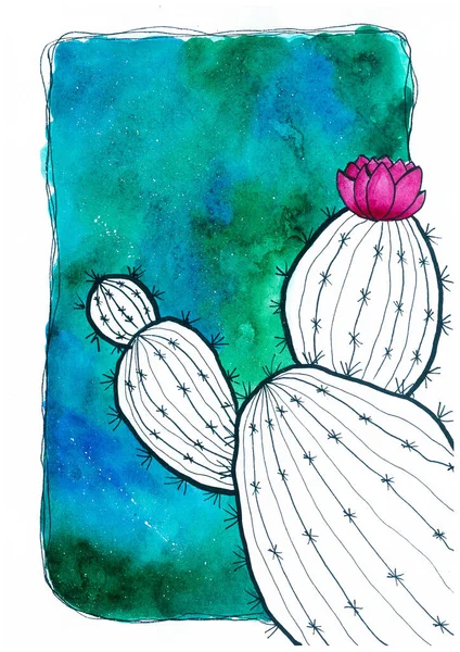 Kaktus Und Nachthimmel Aquarell Illustration — Stockfoto