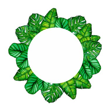 5023 yuvarlak çerçeveli yeşil suluboya yapraklardan yapılmış tebrik kartı