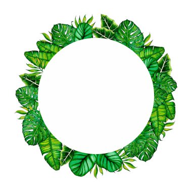 5027 yuvarlak kartpostal, suluboya ile boyanmış tropikal bitki yaprakları. 