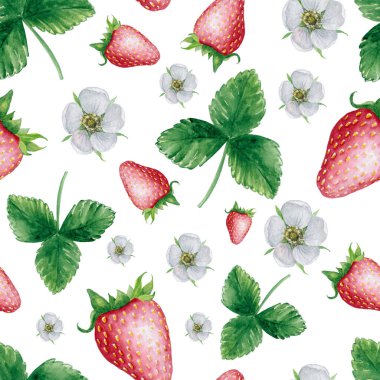 5035 ute dikişsiz desen, izole edilmiş suluboya çilek elementleriyle.