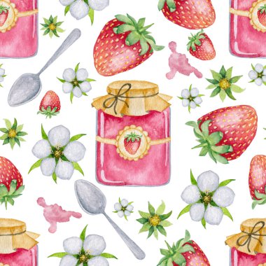 Çilek reçeli, kaşık, çiçek, böğürtlen dolu 5040 kusursuz desen.