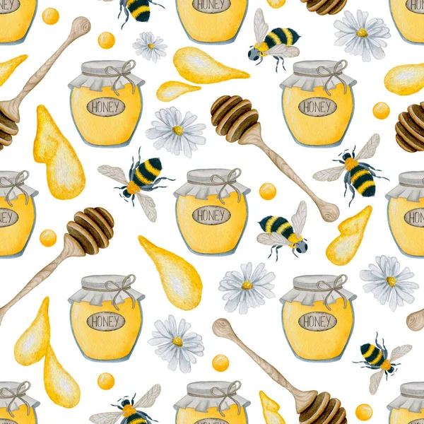 6005 Honey Jar Spoon Flowers Bees Watercolor Seamless Pattern — Stock Photo, Image