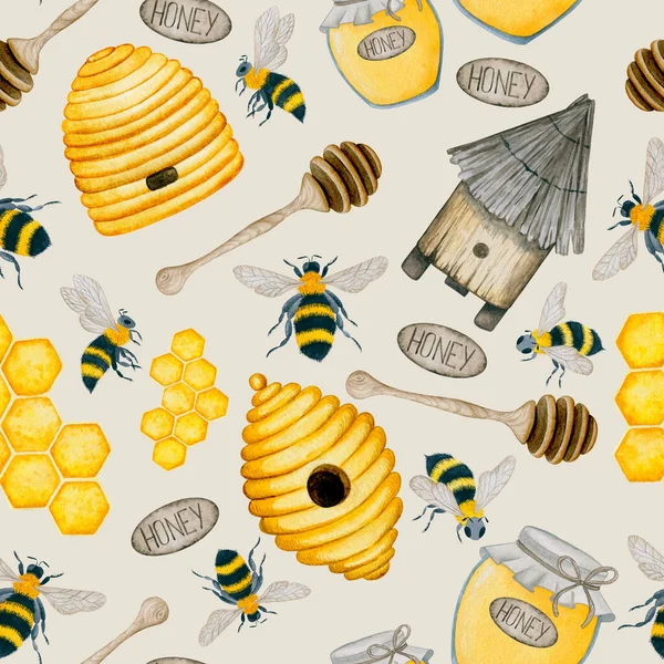 6010 Bienenstöcke Bienen Honig Aquarell Elemente Nahtlose Muster — Stockfoto