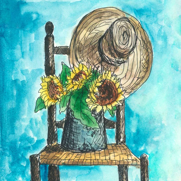 7052 Watercolor Rústico Aldeia Ilustração Com Girassóis Cadeira Chapéu — Fotografia de Stock