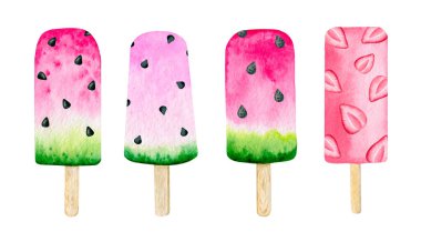 8008 suluboya Popslise karpuz ve beyaz arkaplanda izole edilmiş çilekli dondurma seti. 