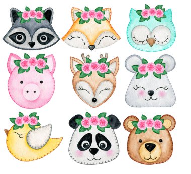 8024 Sevimli Suluboya Hayvan Çocukları. Hayvan kafaları ve kız bebek tasarımı için dekorasyon. Boho çocuk odası basılabilir sanatı. 