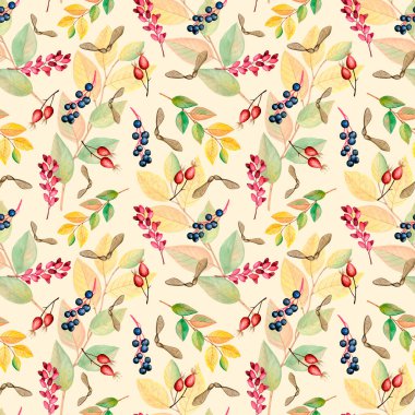 8035 Orman güz meyvesi suluboya pürüzsüz desen. Kırsal doku. Kuş kirazı, böğürtlen, gül kalçası, köpek gülü, tohum, dal yaprakları desen.