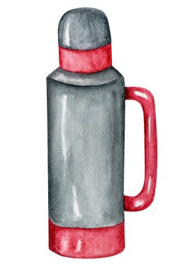 8070 Travel Metal Termos. Suluboya kamp illüstrasyonu.